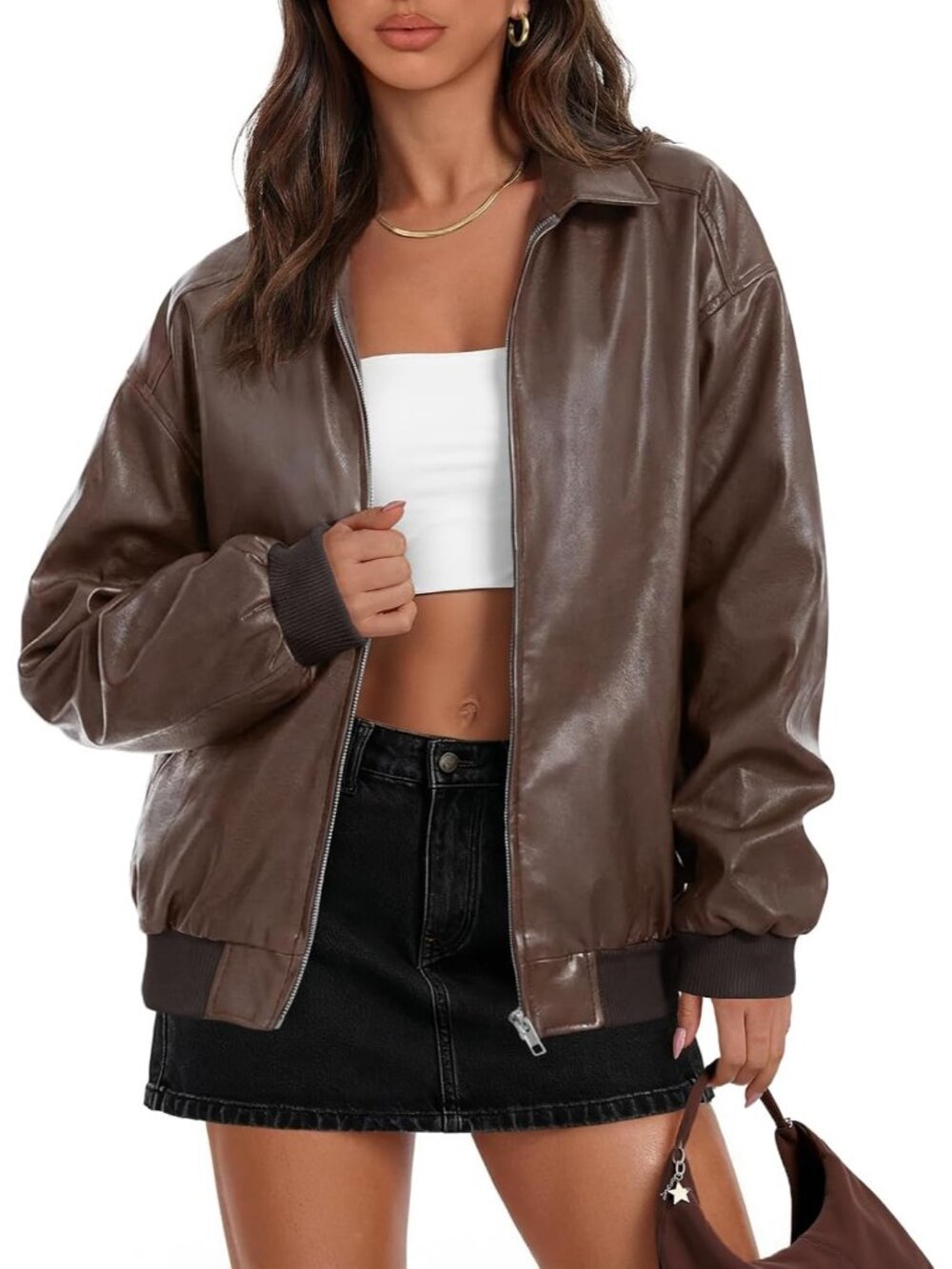 Women’s Coffee Oversized Faux Leather Motorcycle Zip Up Casual Biker Jacket